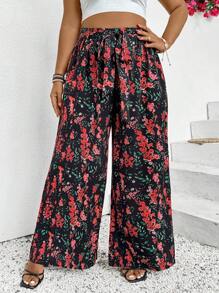 SHEIN VCAY 大码花卉印花前系带休闲阔腿裤情人节服装浪漫