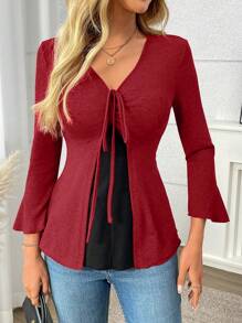 INAWLY Women Bell Sleeve T-Shirt With Front Drawstring, Casual Fashion For Autumn - Red - View 6