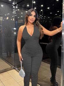 SHEIN SXY Sylwester Zima Wiosna Walentynki Święta Impreza Bankiet Ślub Kobiety Jednolity kolor Marszczony Głęboki V Seksowny Halter Catsuit