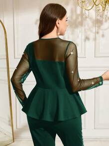SHEIN Clasi Autumn/Winter Black Long Sleeve Mesh Beaded Waist Ruffle Hem Plus Size Women T-Shirt, Elegant For Party And Everyday Wear