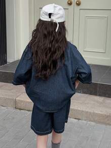 Dazy Kids 2pcs Tween Girl Tween Girl Denim Collared Shirt And Shorts Set, Autumn - Dark Wash - View 6