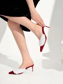 CUCCOO CHICEST 女士圣诞毛绒尖头一脚蹬高跟穆勒鞋，简约时尚，秋季新年假期新品，圣诞礼物 - 酒紅色 - 查看 7