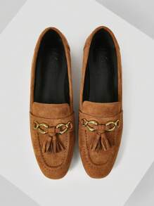 MOTF PREMIUM FRINGED SQUARE TOE FLAT SHOES, VALENTINES - Khaki - View 1