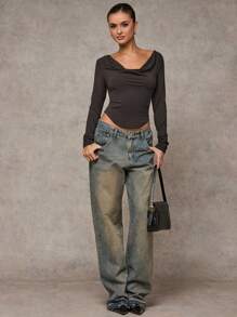 SHEIN BAE Women's Solid Color Boat Neck Long Sleeve Casual T-Shirt, Autumn - Burgundy - View 2