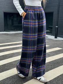 SHEIN LUNE Women's Seasonal Casual Plaid Print Straight Leg Flannel Pants - Multicolor - View 1