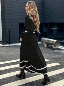 SHEIN LUNE Vestido de manga larga con cuello redondo y bloques de color con estilo francés elegante, adecuado para reuniones familiares - Negro - Ver 2