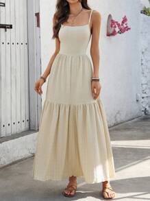 Chiquease Women's Vacation Style Textured Fabric Dress With Cami Straps - Apricot - View 3