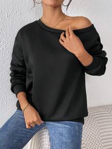 SHEIN PETITE Fleece Oblique Collar Pullover Sweatshirt Fall - Black - View 3