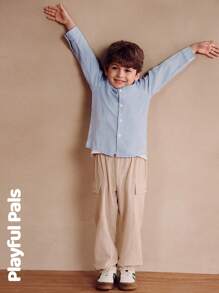 SHEIN 2 piezas Conjuntos básicos casuales para niños: Parte superior clásica azul y pantalones cargo caqui. Camisa de manga larga y traje de pantalones largos. Lindo/Retro/Casual para la escuela y actividades al aire libre, atuendos de primavera - Multicolor - Ver 6