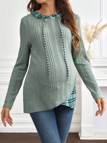 SHEIN Plaid Print Drawstring Hooded Casual Elegant Maternity T-Shirt - Mint Green - View 5