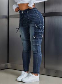 SHEIN ICON Quần Jeans Denim Thường Ngày Có Túi Cài Nút Phía Trước Cỡ Lớn Trang Trí Hình Bướm - Rửa tối - Xem 1
