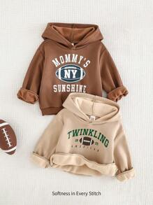 Cozy Pixies 2pcs/Set Baby Boy Letter Graphic Thicken Fleece Sweatshirt And Solid Color Elastic Waist Pants Set - Khaki - View 1