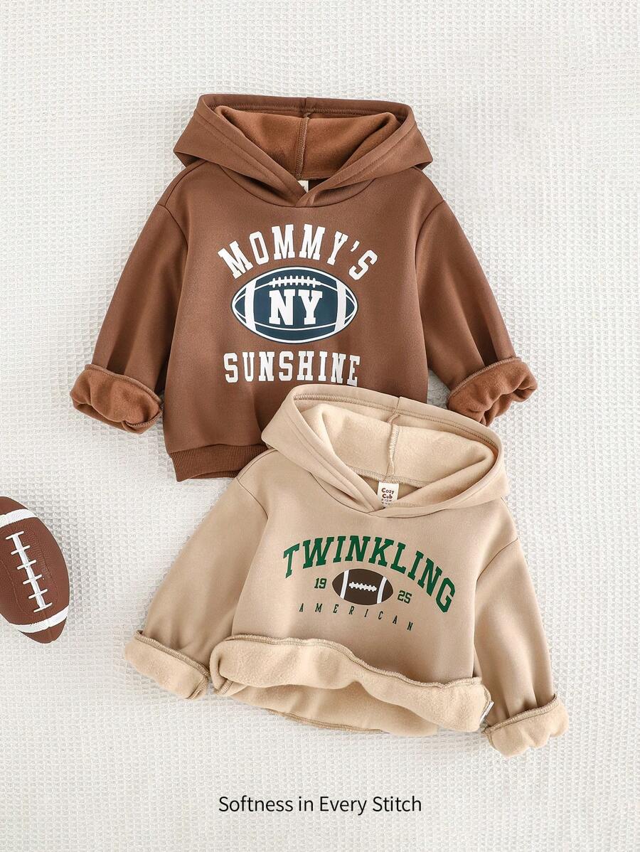 Cozy Pixies 2pcs/Set Baby Boy Letter Graphic Thicken Fleece Sweatshirt And Solid Color Elastic Waist Pants Set - Khaki - View 1