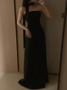 DAZY 女士束腰中长款亮黑色抹胸连衣裙优雅