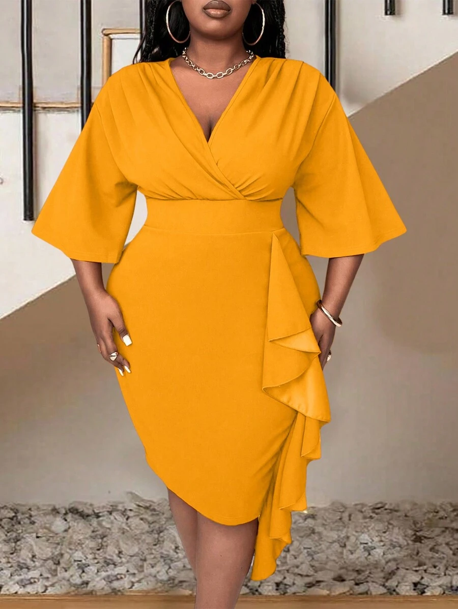 Maweii Plus Size Women Tight Stretch Knee-Length Dress, Ruffle Patchwork Waist Slimming Fitted Dress, Autumn