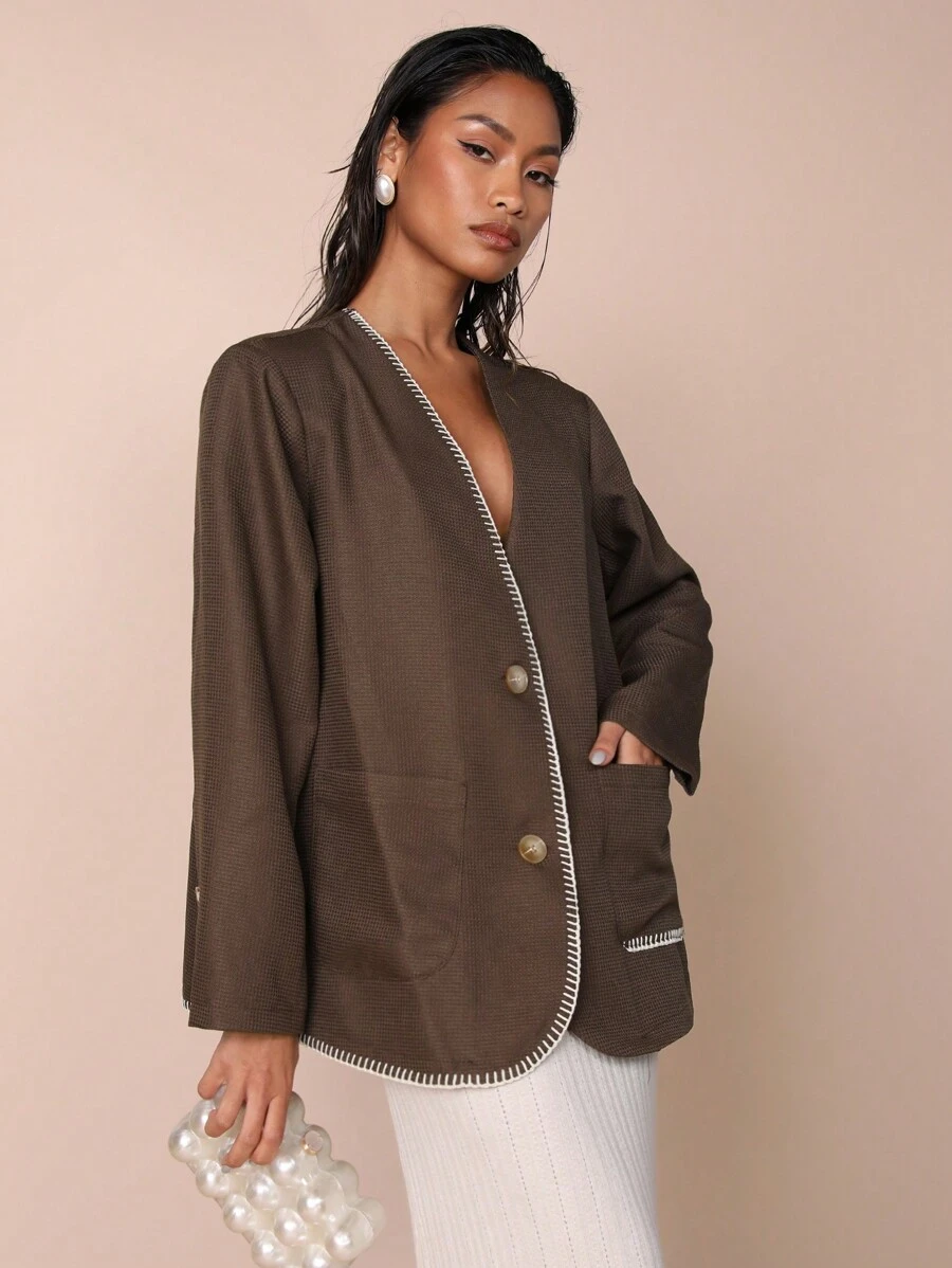 COSMINA Women Solid Color Blazer Jacket, Casual Minimalist Fashion For Everyday Wear - Mocha Brown - View 1