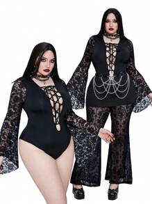 Whyspr Goth Punk Lace Patchwork Long Sleeve Front Hollow Lace-Up Plus Size Bodysuit For Women - Black - View 1