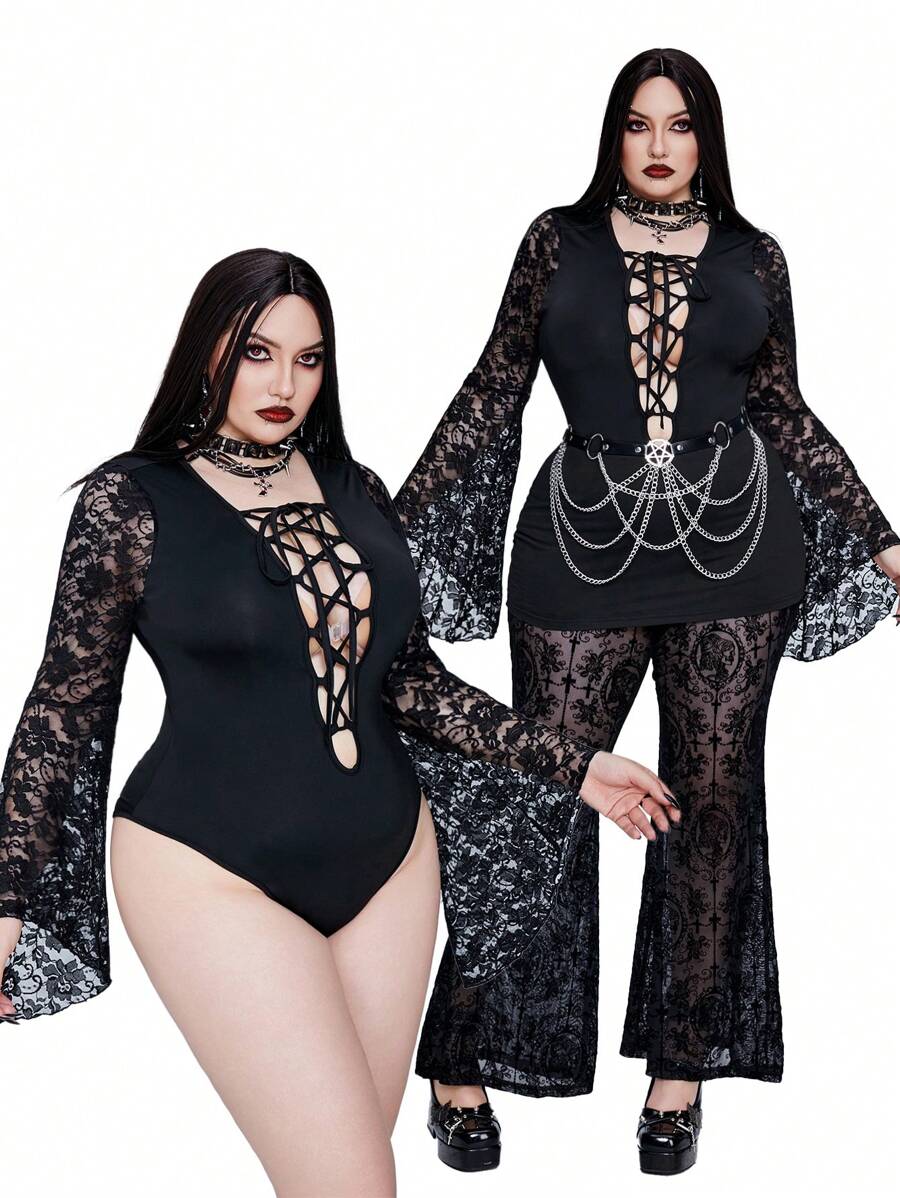 Whyspr Goth Punk Lace Patchwork Long Sleeve Front Hollow Lace-Up Plus Size Bodysuit For Women - Black - View 1