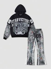 ROMWE MEN Street Life 2 pièces Sweat-shirt à capuche et pantalon de survêtement imprimé lettres automne pour hommes, ensemble décontracté - Militaire verte - Voir 1