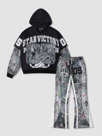 Street Life 2 Stücke Herren Herbst Buchstaben Muster Kapuzen Sweatshirt & Jogginghose Lässig anzug