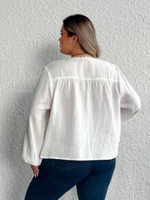 SHEIN CURVE+ FIT+ Women's White V-Neck Ruffle Casual Elegant Office Shirt Fall Cloth For Women