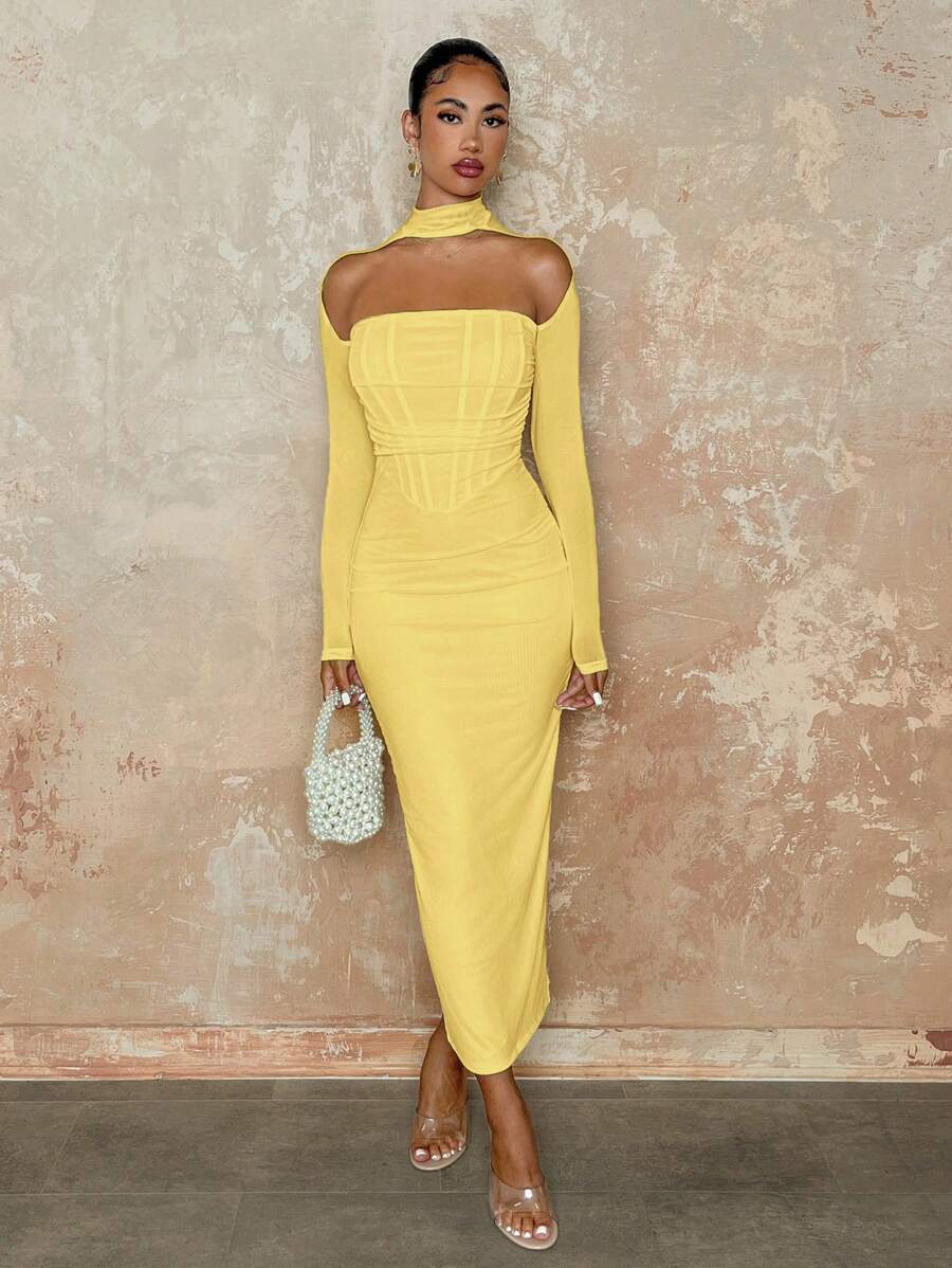 SHEIN BAE Elegant Women Dress, Tube, Long Sleeve, Fishbone Pattern, White, Autumn - Yellow - View 1