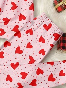 SHEIN Leap Crew 2pcs/Set Tween Girls Casual Heart Pattern T-Shirt And Snug Fit Leggings Pajama Set, Suitable For Valentine's Day - Multicolor - View 6