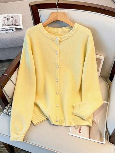 SHEIN Clasi Women Plus Size Round Neck Single Breasted Casual Elegant Long Sleeve Cardigan Fall Winter Cloth For Women Autumn