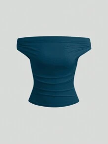 Sweetra Women Pleated Solid Color Off Shoulder Short Sleeve Casual Top - Multicolor - View 3