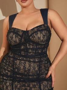 SHEIN BAE 大码女士秋季服装，白色网眼紧身文胸上衣，褶皱裸色幻觉连衣裙，单身女士派对连衣裙，白色派对连衣裙，返校连衣裙，中长款女士连衣裙 - 黑色 - 查看 6