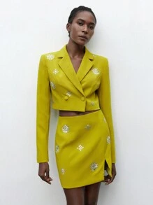 Maija 现代都市水钻装饰黄色女式西装外套，时尚优雅，适合派对、节日、情人节、春夏节 - 綠色 - 查看 5