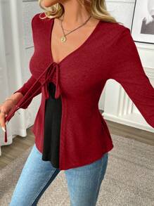 INAWLY Women Bell Sleeve T-Shirt With Front Drawstring, Casual Fashion For Autumn - Red - View 4