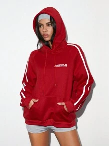 Flirla 1 pieza Sudadera con capucha casual y versátil de minimalista con estampado de letra y bolsillo tipo canguro, color rojo, para otoño/invierno y ropa de Año Nuevo