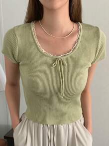 DAZY Women Lace Patchwork Round Neck Simple Green Knit Top - Green - View 4