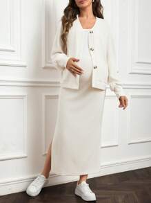 SHEIN 2-częściowy zestaw ciążowy, jednokolorowy kardigan i spódnica w kształcie litery A, wygodny - Biały - Zobacz 5