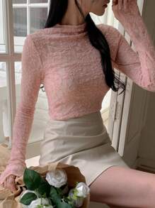 DAZY 女式透明蕾丝高领紧身长袖衬衫，秋季服装 - 粉色 - 查看 3