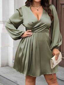 Easura Women Plus Size Solid Satin V-Neck Pleated Ruffle Hem A-Line Short Dress With Lantern Sleeves - Green - View 6