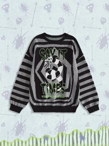 Beetlejuice | ROMWE Suéter de talla grande con estampado de rayas, contraste de color y logo de monstruo en espiral de estilo gótico - Negro - Ver 1