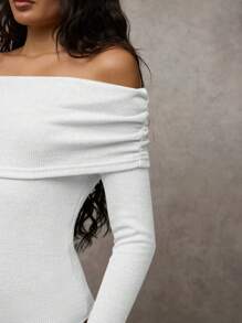 SHEIN BAE 仿羊绒优雅露肩长袖修身保暖紧身衣，适合日常穿着的休闲装、秋季女装、冬季女上衣 - 白色 - 查看 2