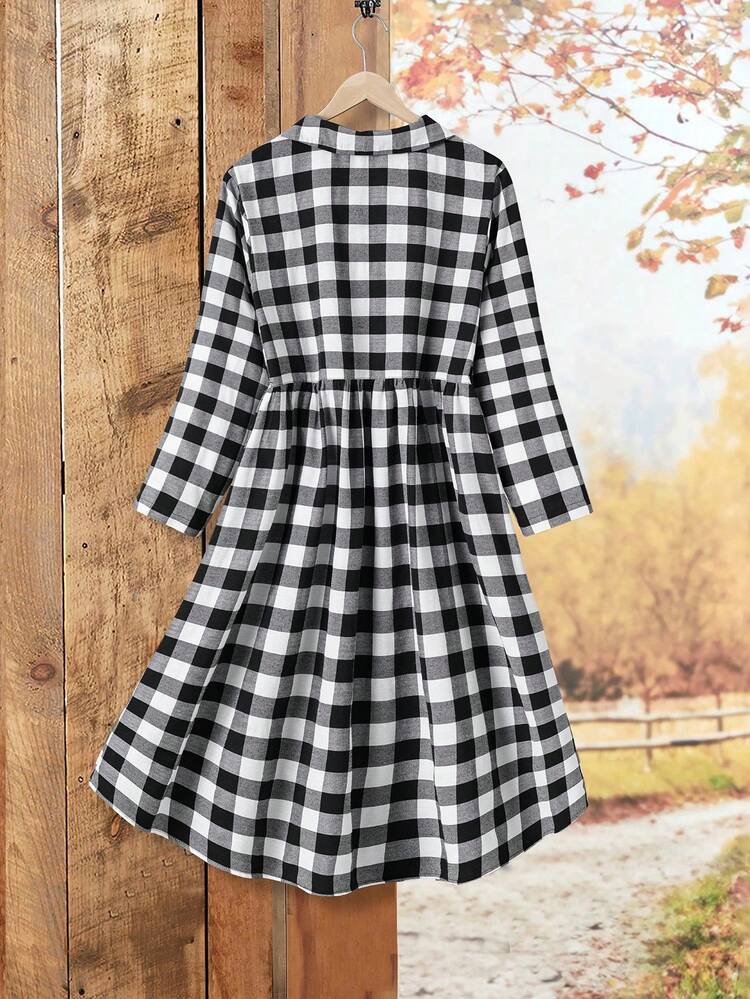 Plus Size Front Button Long Sleeve Plaid Simple Casual Dress,New Years Women Outfit,Vacation Dress,Vacation Outfits,Spring/Summer