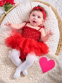 SHEIN Newborn Baby Girl Summer Adorable Red Polka Dot Mesh Suspender Bodysuit - Red - View 4