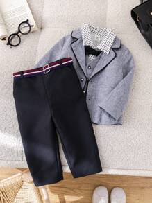 SHEIN 4pcs/Set Baby Boy Autumn/Winter Colorblock Ribbon Collar Long Sleeve Cardigan, Collar Shirt, Elastic Waist Pants Outfit With Belt, Suitable For Birthday Party, New Year, Christening, 1st Birthday, Party, Performance, Wedding, Baby Shower