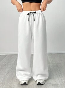 SHEIN PETITE Quần dài và quần nỉ thể thao nữ cạp chun màu trắng mới có dây đai màu đen - trắng - Xem 7