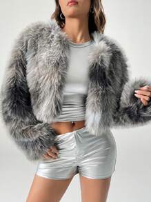 SHEIN PETITE Women Fluffy Coats - Grey - View 5