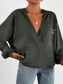 EURMUSE 100%Cotton Letter Graphic Drop Shoulder Hoodie - Army Green - View 5