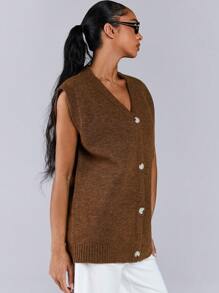 Athîral Women's Solid Color Front Button Sleeveless Casual Sweater Vest - Rust Brown - View 5