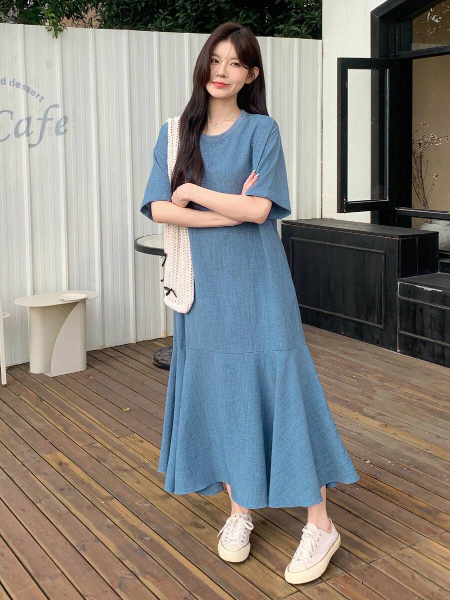 DAZY Đầm dài trơn thanh lịch dành cho nữ, thích hợp cho mùa xuân và mùa hè, kiểu đầm thường ngày. - Màu xanh lam - Xem 1
