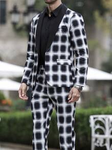 Manfinity Bizformal Men's Solid Color Patchwork Front Button Closure Long Sleeve Top With Pocket & Trousers Suit Set - Black - View 8