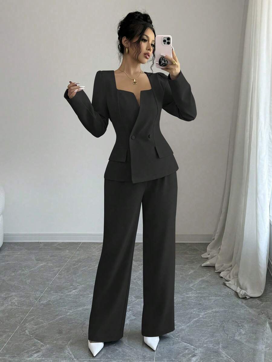 Selianne 女士纯色优雅长袖方领收腰短外套+高腰裤两件套，初秋