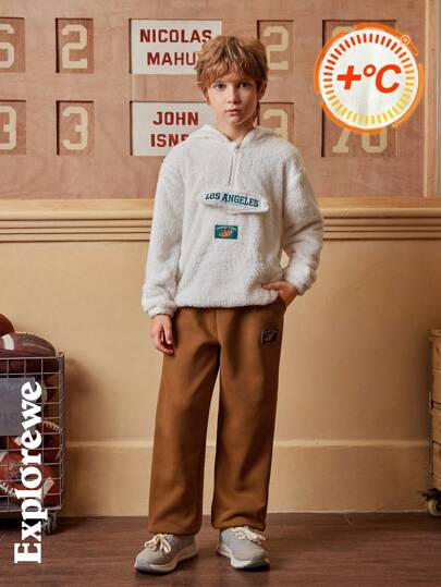 SHEIN 2pcs/Set Tween Boys Urban Casual Style Hooded Long Sleeve Double Sided Fleece Sweatshirt With Comfortable Sport Knit Pants, Warm Outfit For City Outdoor Activities, School, Sports, Gatherings In Autumn/Winter